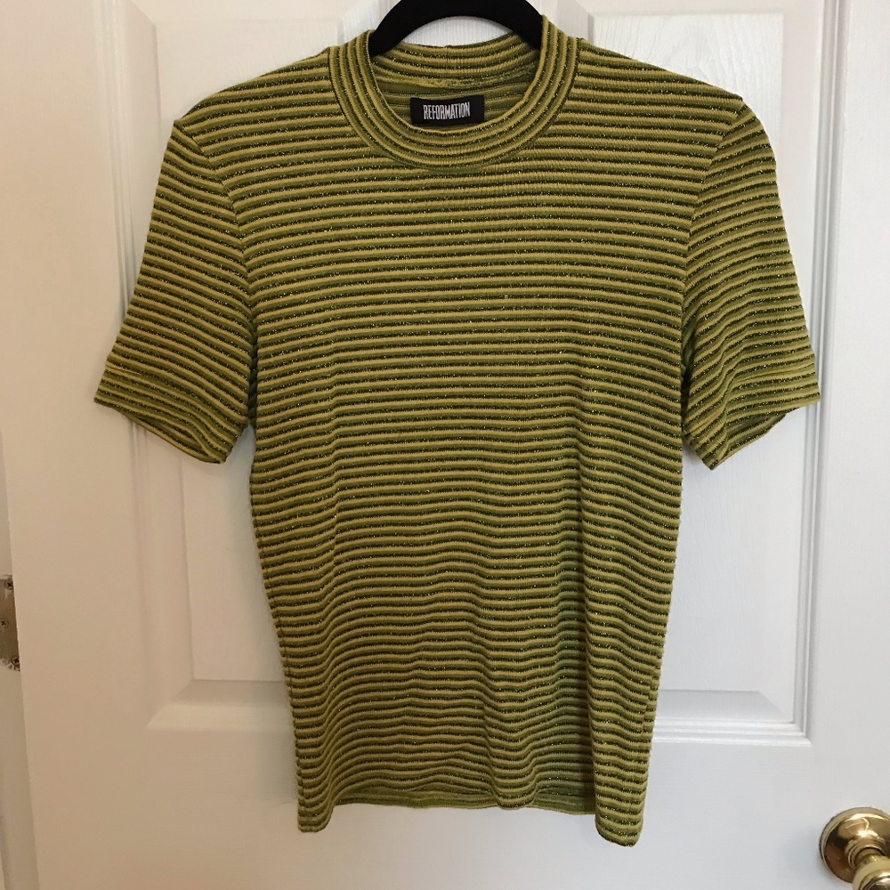 Reformation Green & Yellow Sparkle Mock Neck Top